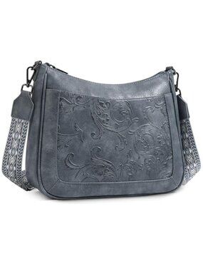 Womens Embossed Floral Vegan Leather Crossbody Bag Shoulder Purse Wide Strap